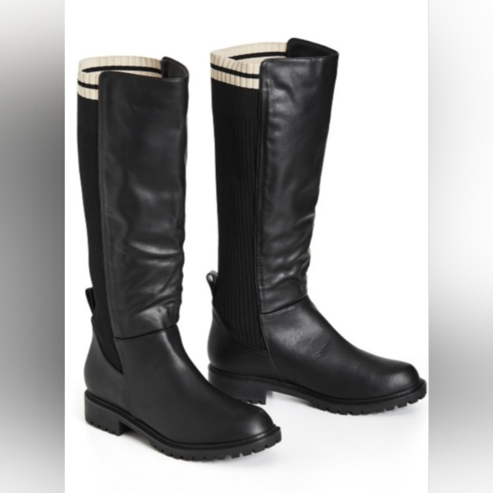 New City Chic Faux Leather and Knit Sweater Knee Boots Size 12 Wide Fit